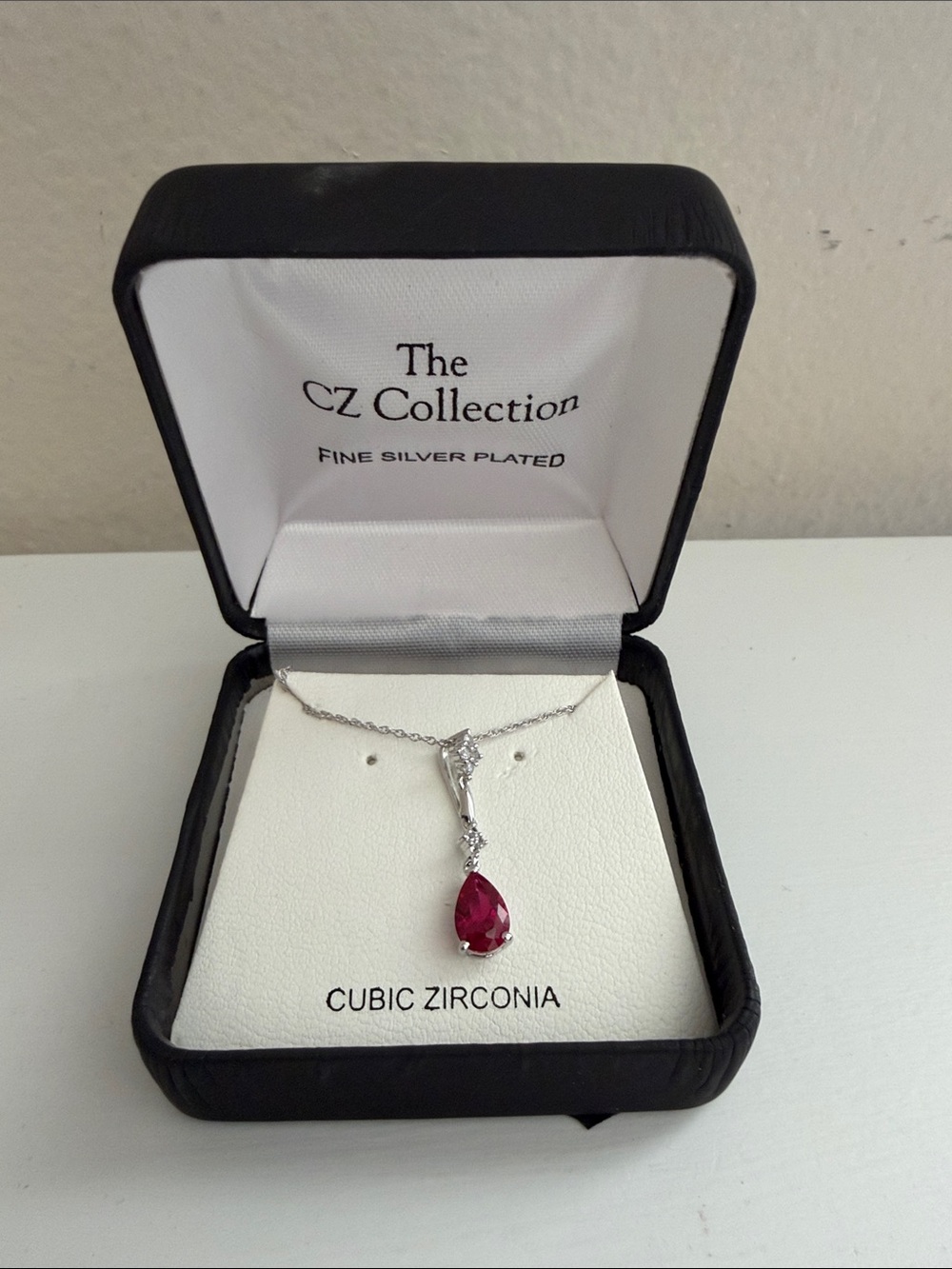 Silver-Plated Necklace with Red Teardrop Pendant